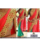 Designer peach and rama embroidered saree