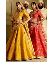 Designer red and yellow embroidered bridal ceremonial lehenga