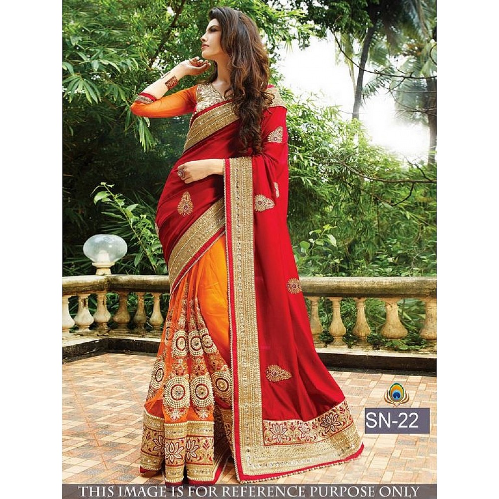 Designer red and yellow embroidered wedding saree