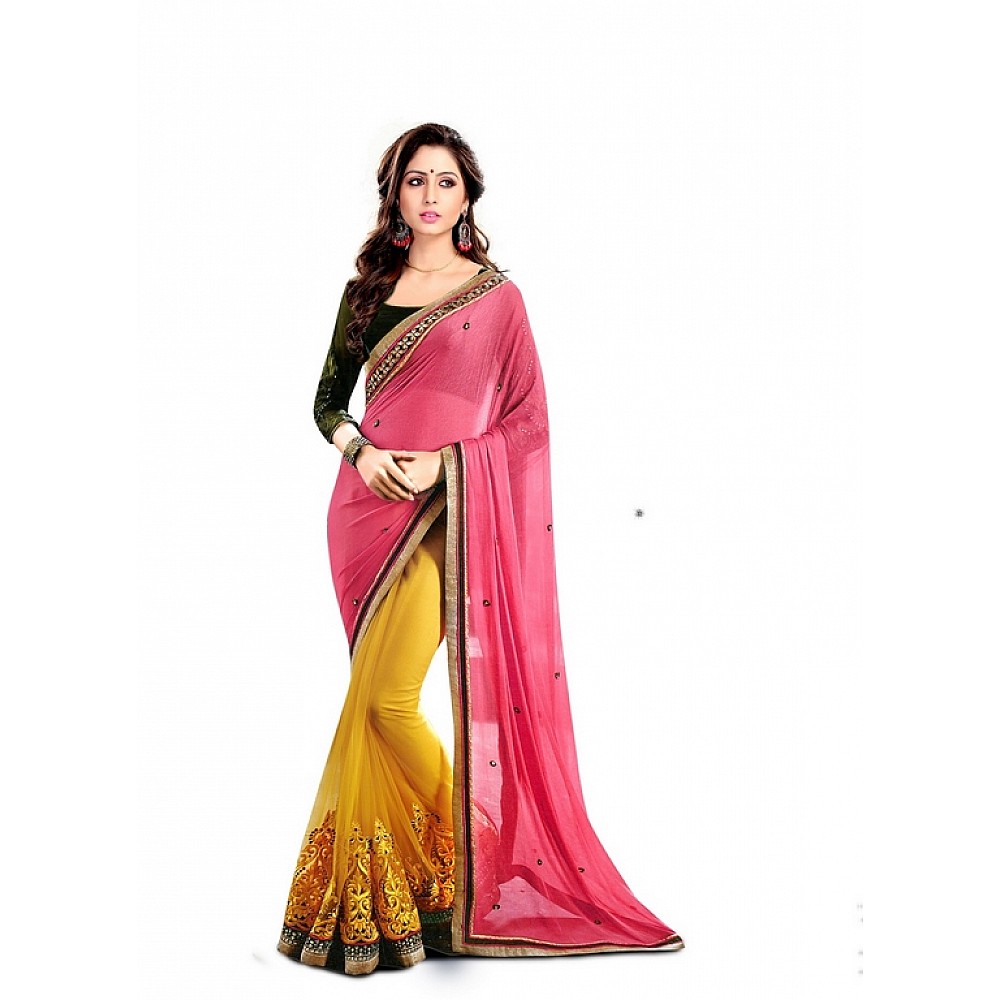 Designer stylist yellow and pink embroidered wedding saree