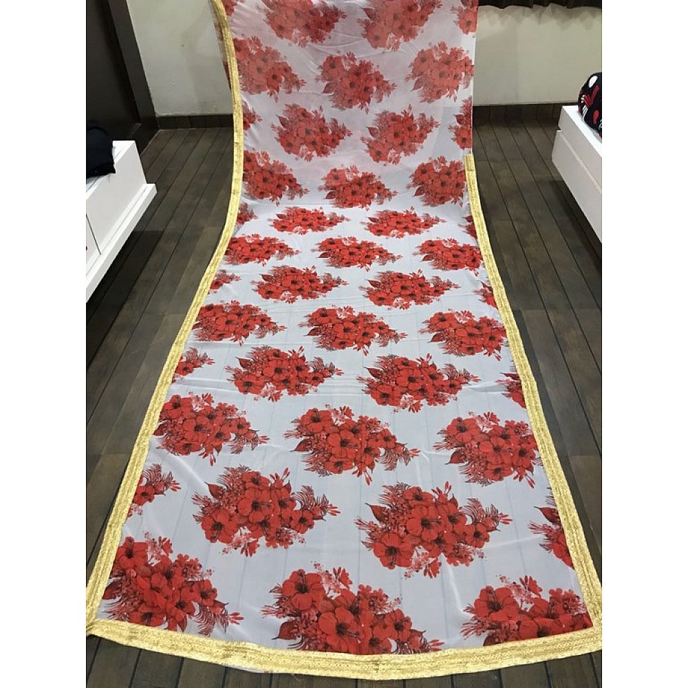 Designer white georgette flower printed partywear saree