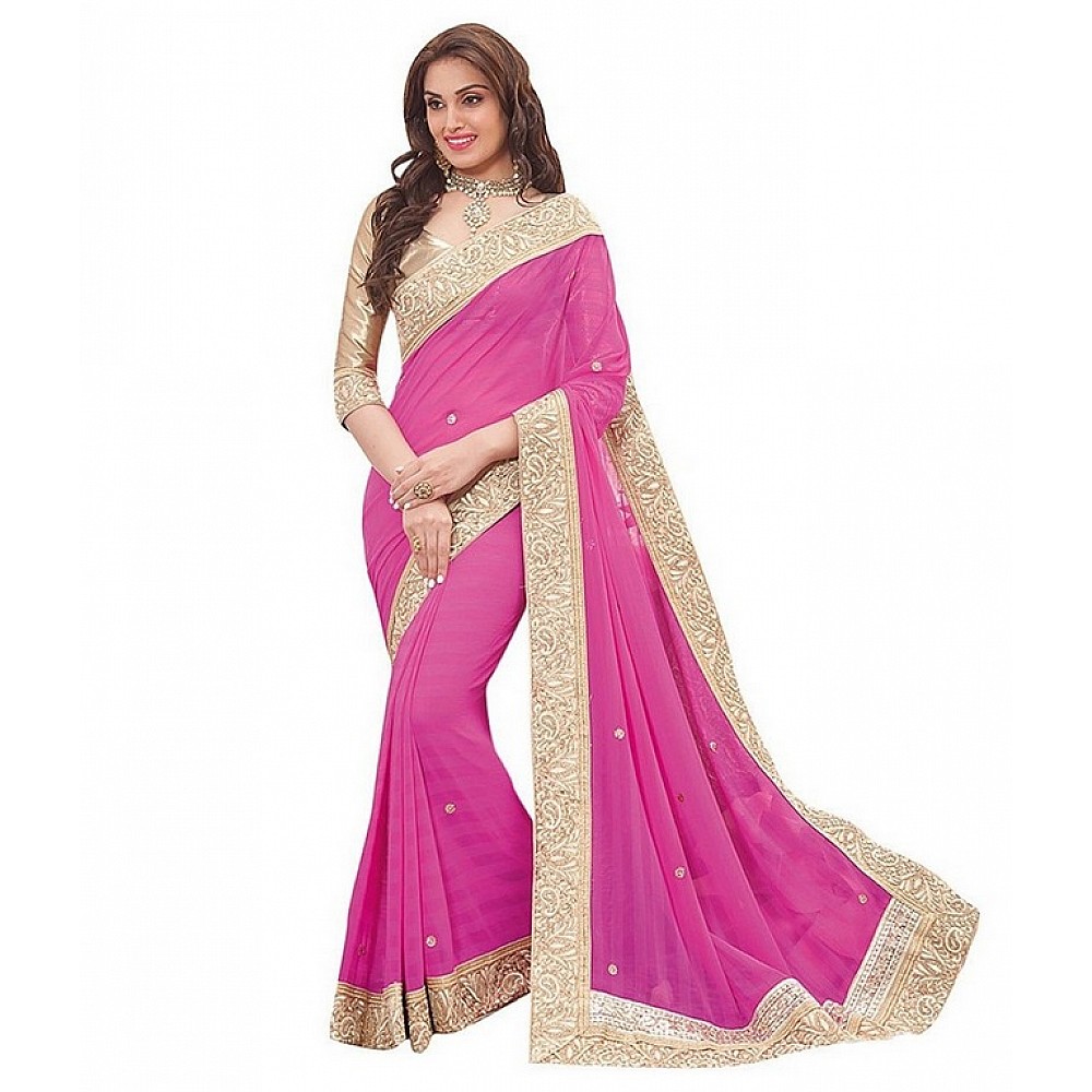 female fashion lace border pink saree