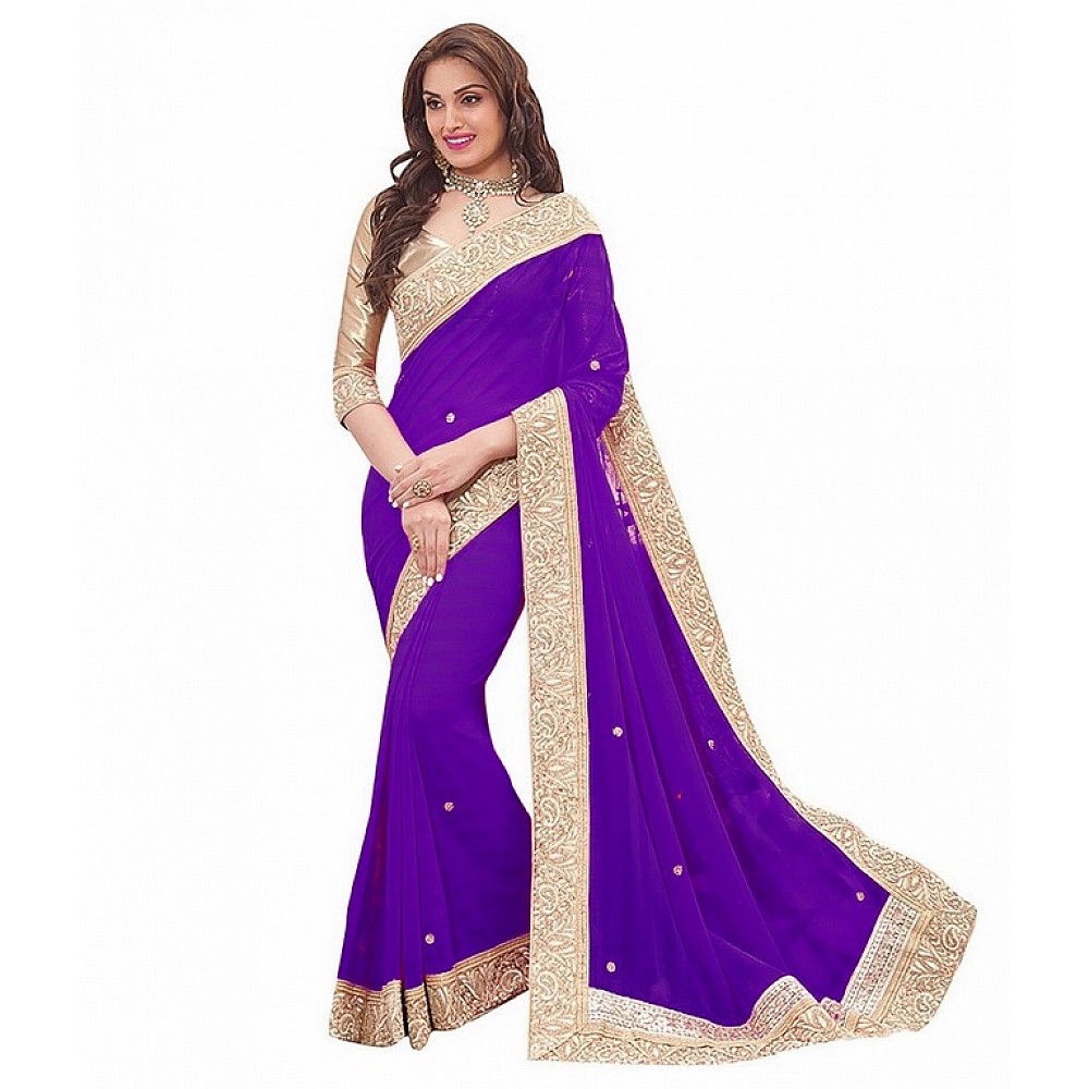 female fashion lace border purple saree