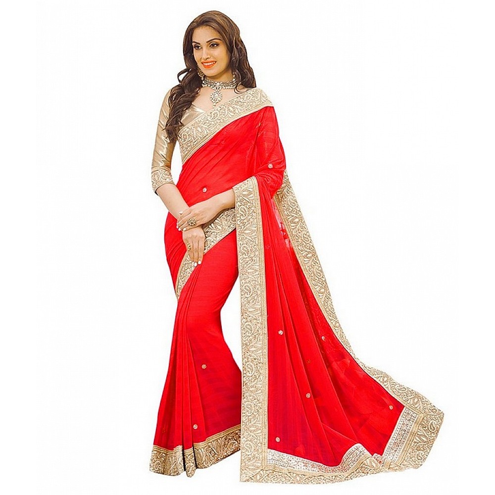 female fashion lace border red saree