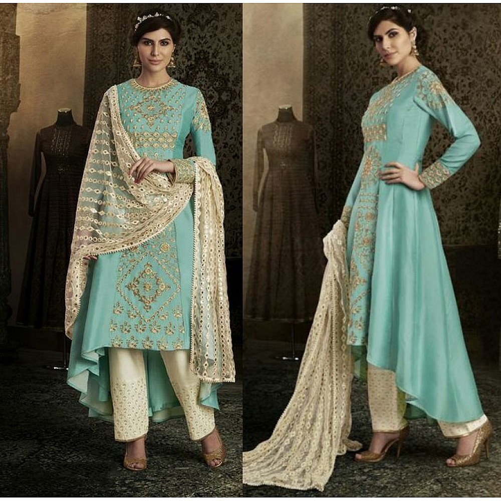Firozi Colored Silk Embroidered Semi Stitched Salwar Suit