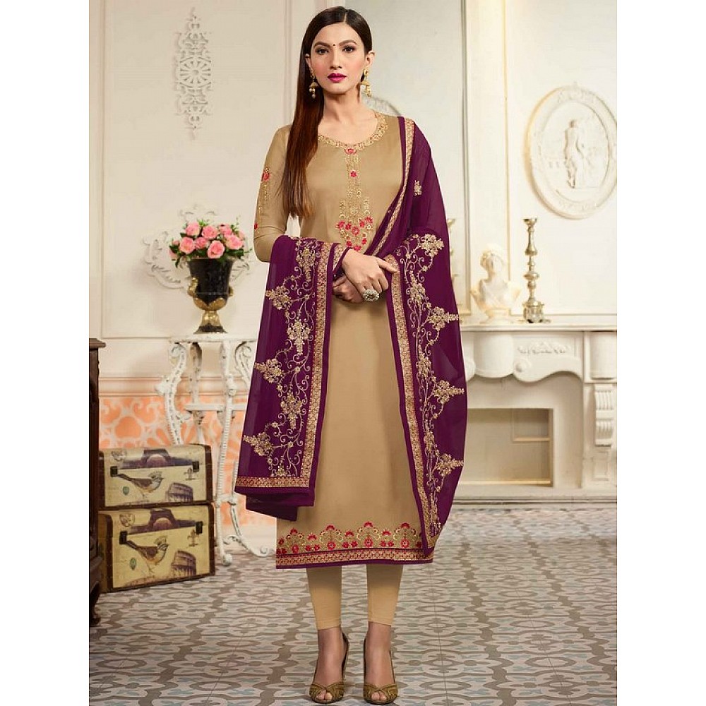 Golden Colored Georgette & Satin Digital Zari & Resham Embroidered Semi Stitched Salwar Suit