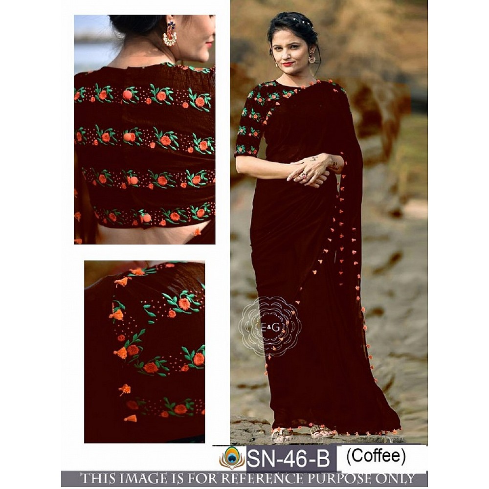 Gorgeous coffee partywear saree with embroidered blouse design