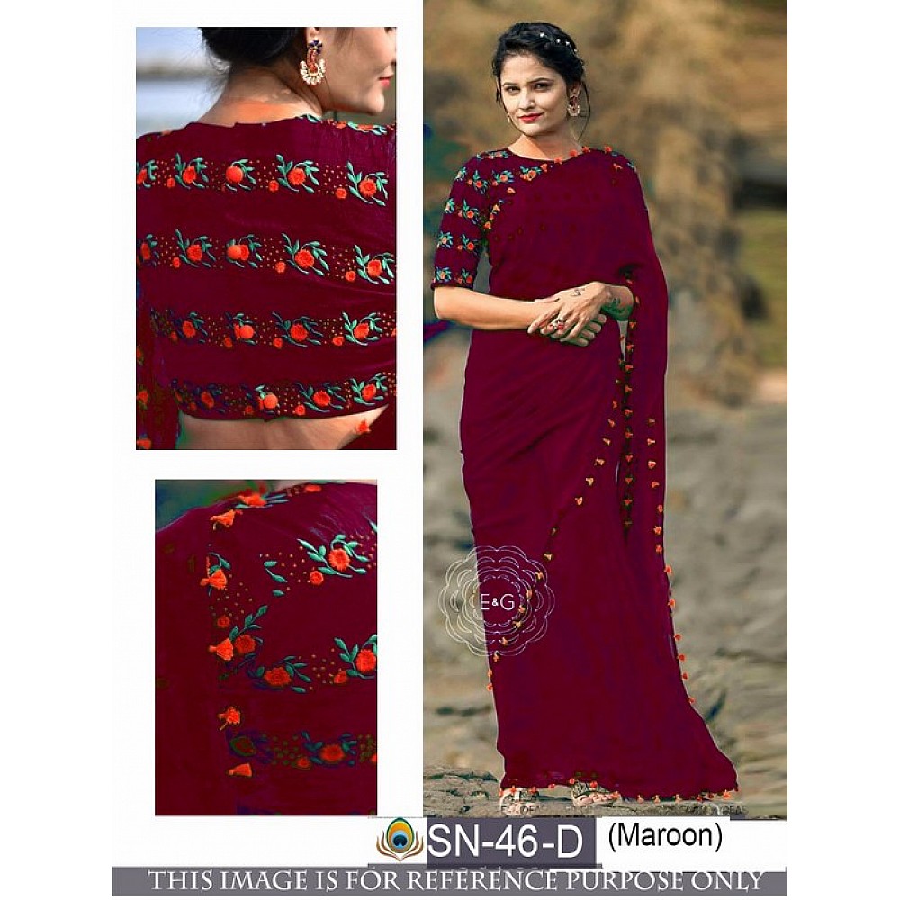 Gorgeous maroon partywear saree with embroidered blouse design