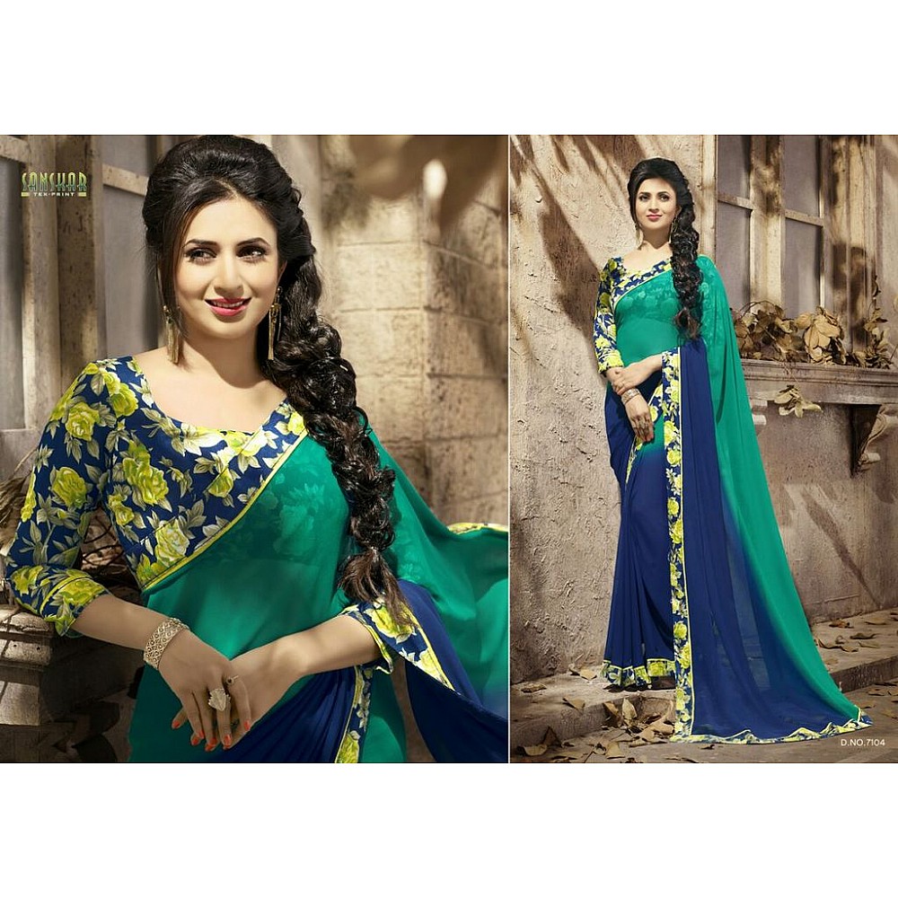 Gorgeous work wear green and blue printed saree