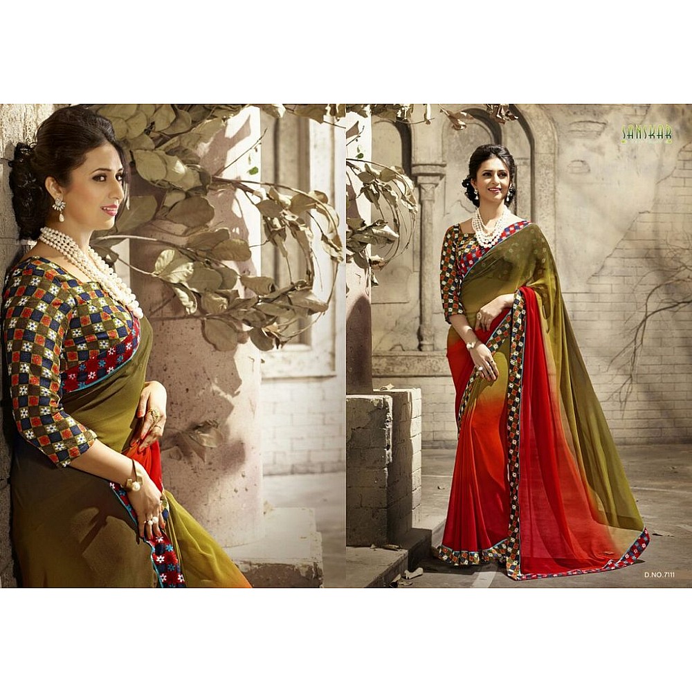 Gorgeous work wear green and red printed saree