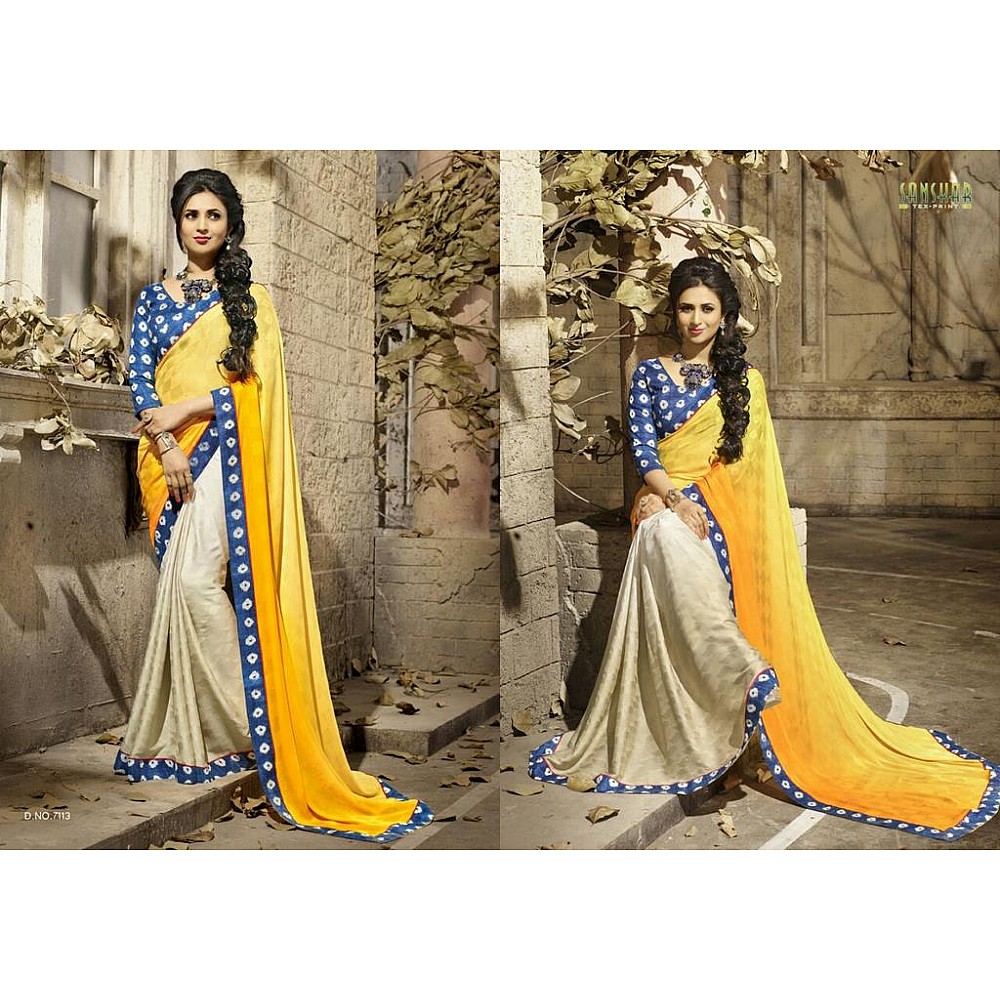 Gorgeous work wear yellow and cream printed saree