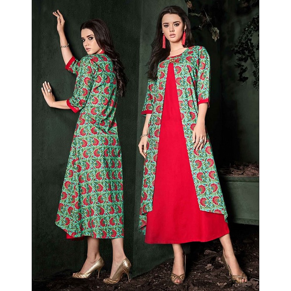 Green & Red Colored Rayon Flower Printed Stitched Calf Length Kurti
