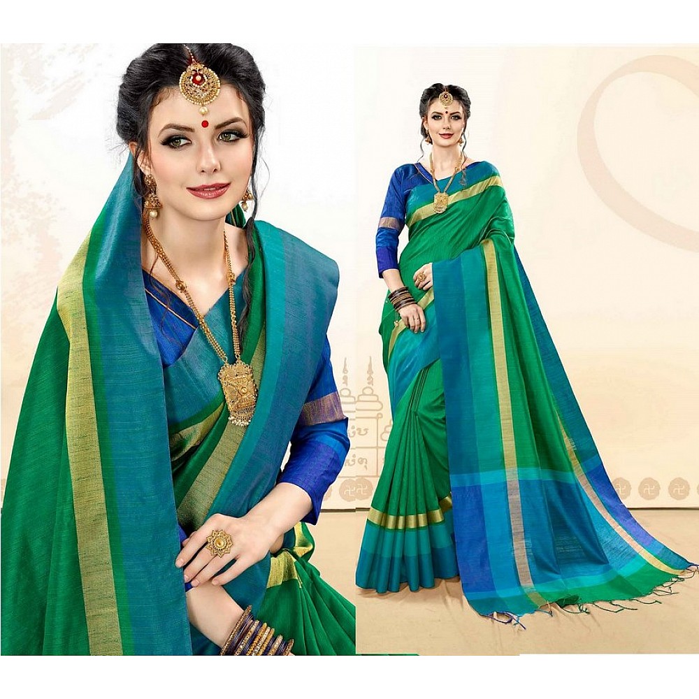 Green Colored Khadi Cotton Silk Weaving Work Saree