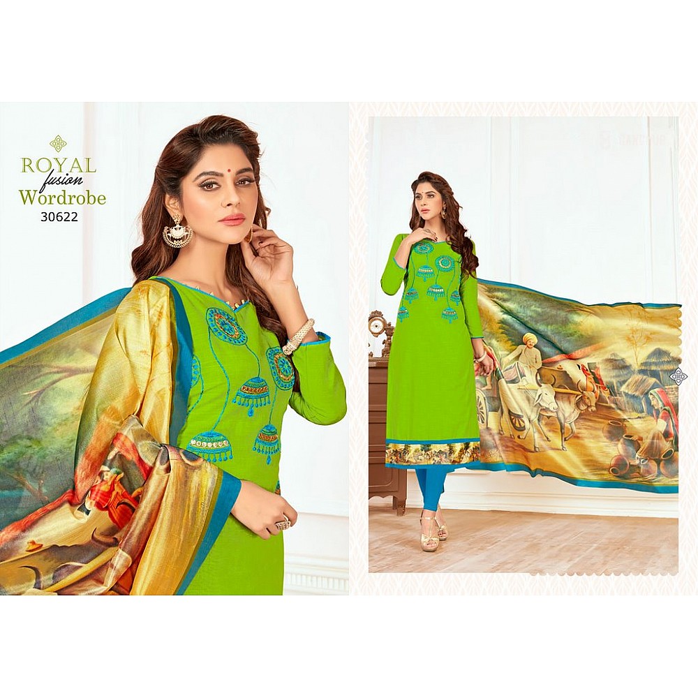 Green Colored Salab cotton Thread Work & Digital Printed Un-Stitched Dress Material