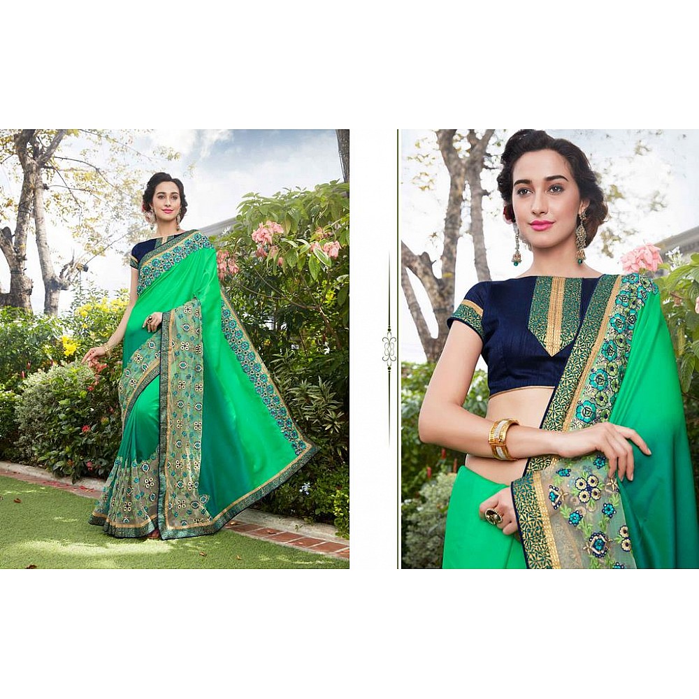Green Colored Satin Silk & Net Resham & Jari Embroidery With Stone Work Saree