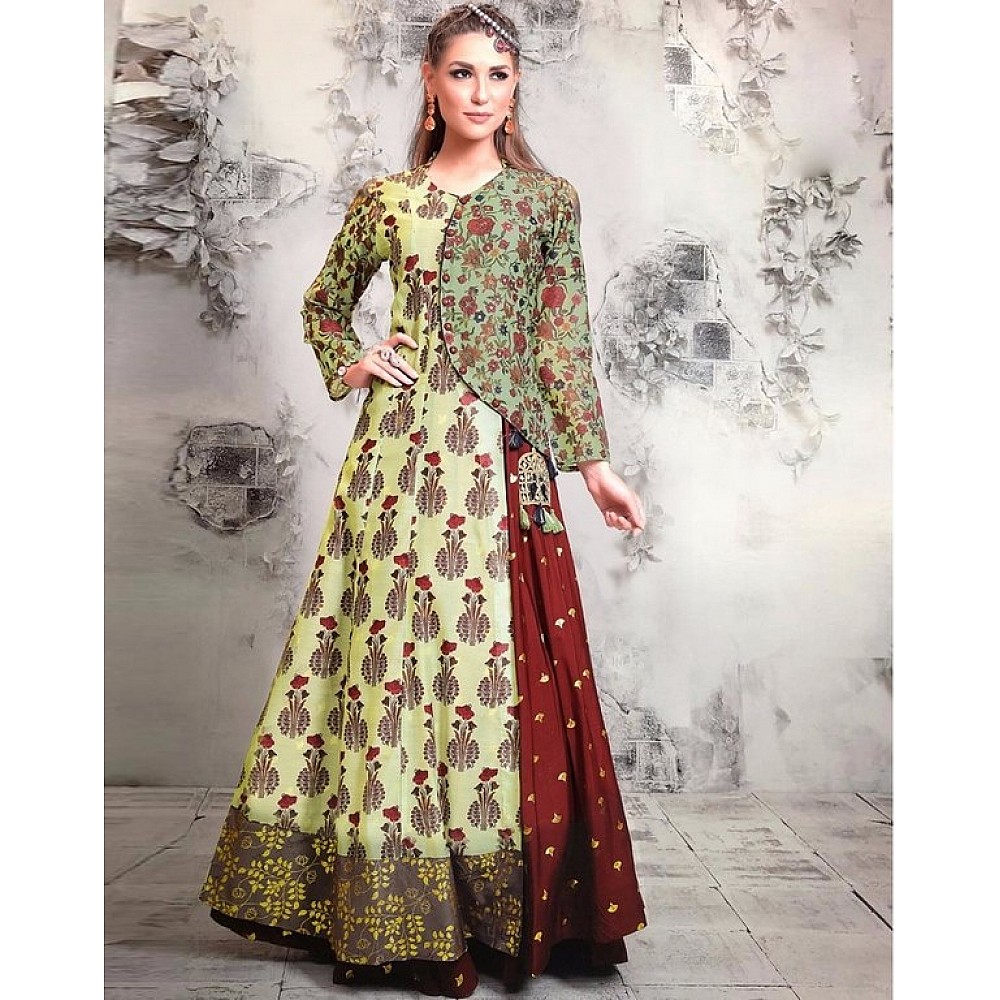 green pure chanderi printed gown