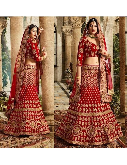 Heavy red banglori silk embroidered bridal lehenga