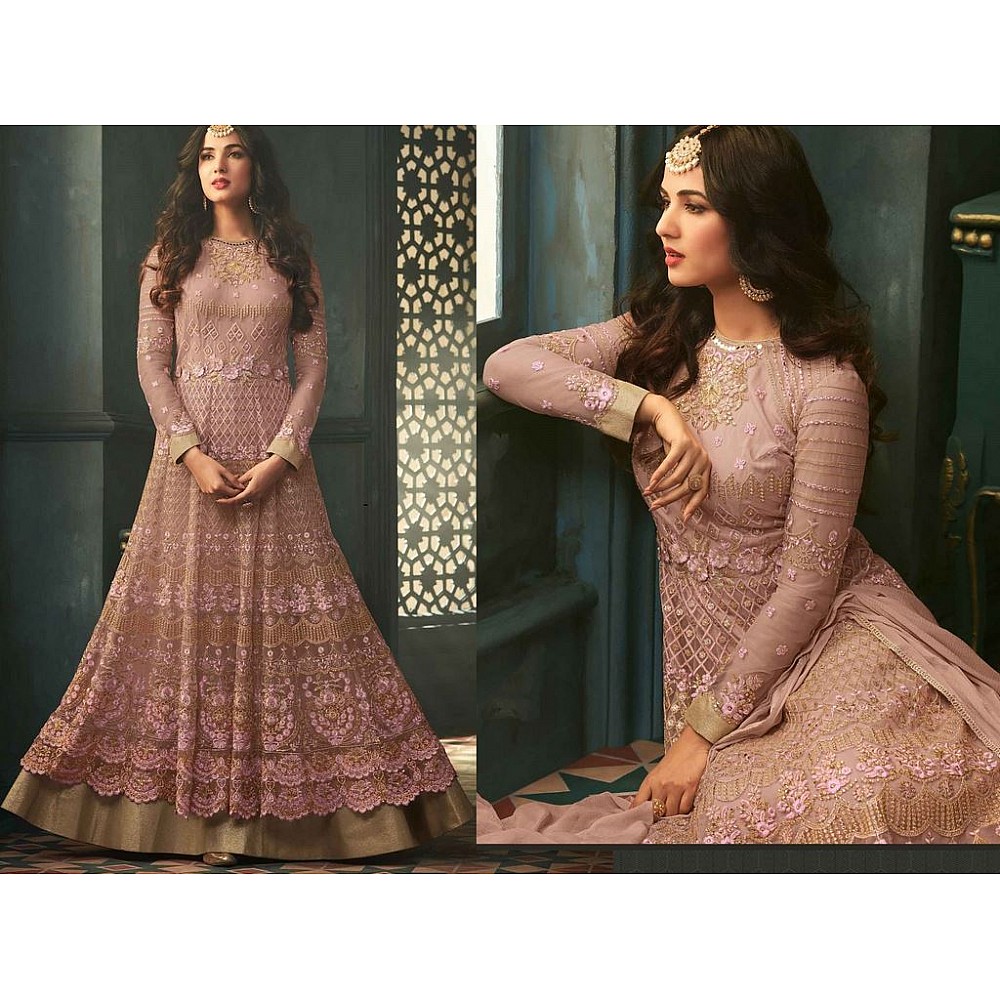light purple Colored Net Heavy Embroidered Semi Stitched anarkali Suit