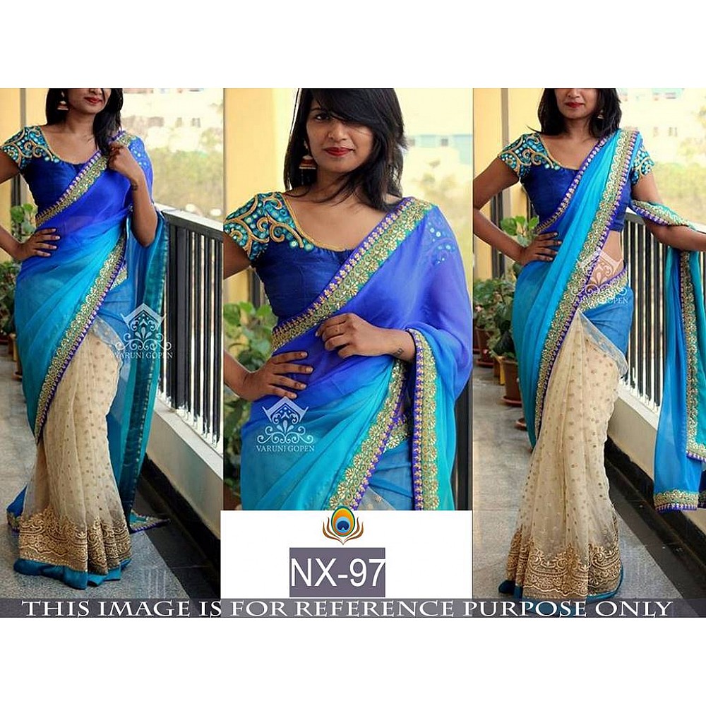 Mahaveer Designer embroidered blue and cream half half saree