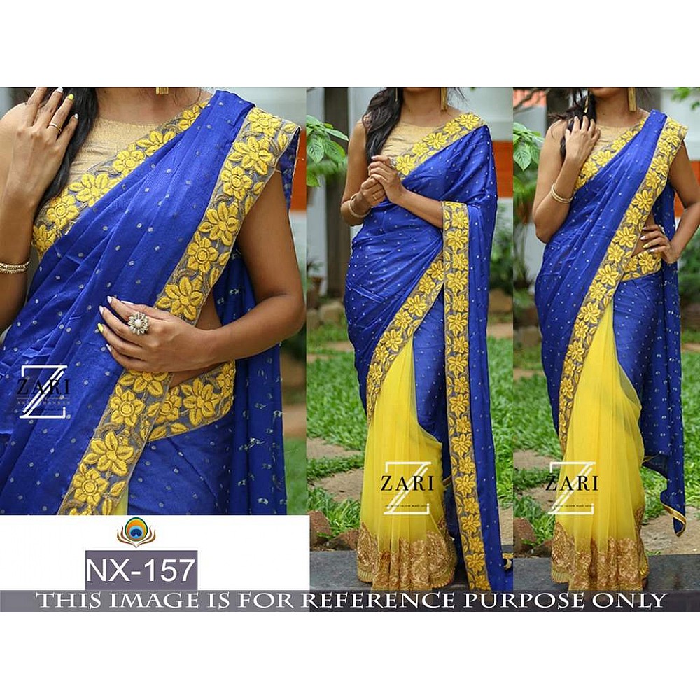 Mahaveer designer embroidered blue and yellow ceremonial saree