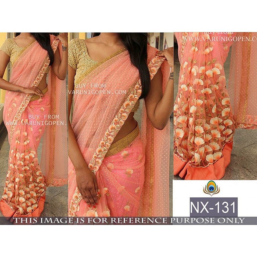 Mahaveer Designer embroidered peach saree