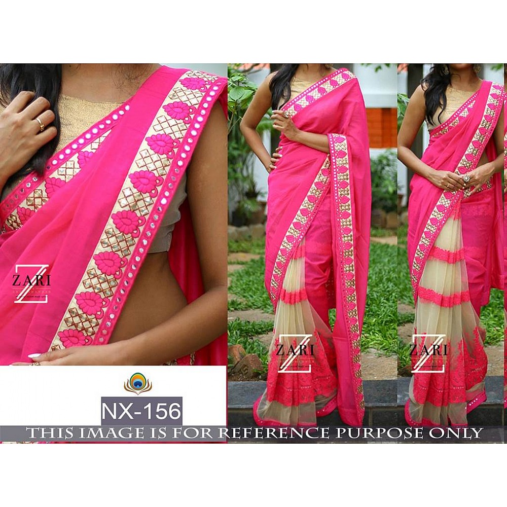 Mahaveer designer embroidered pink and cream ceremonial saree