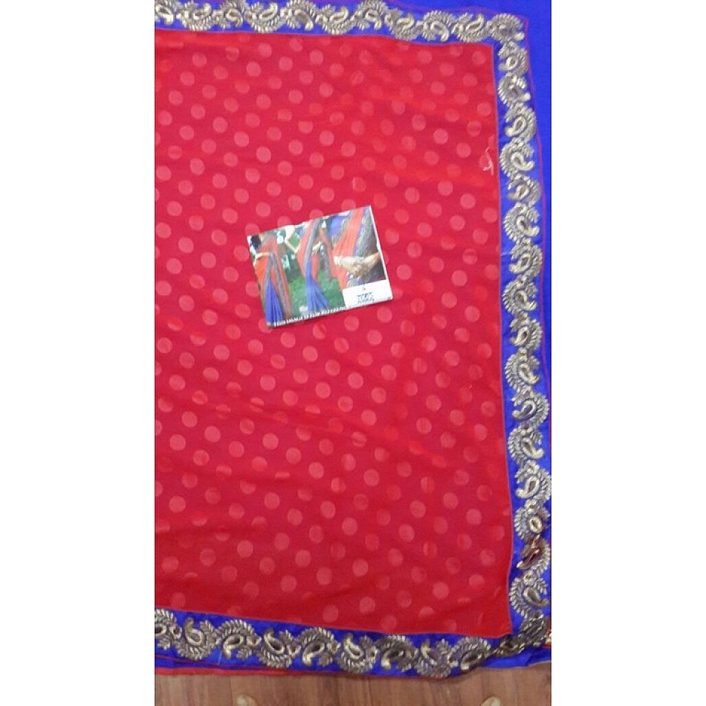 Mahaveer Designer embroidered red and blue half half saree