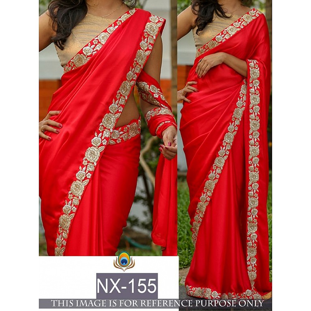 Mahaveer designer embroidered red partywear saree