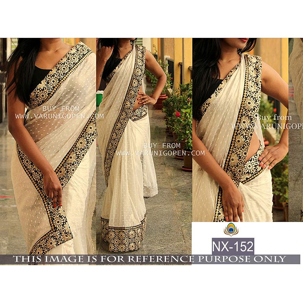 Mahaveer designer embroidered white partywear saree