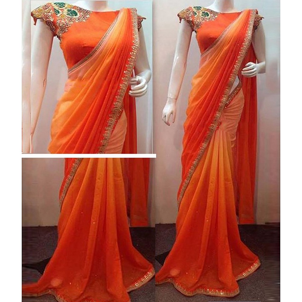 Mahaveer designer partywear orange saree
