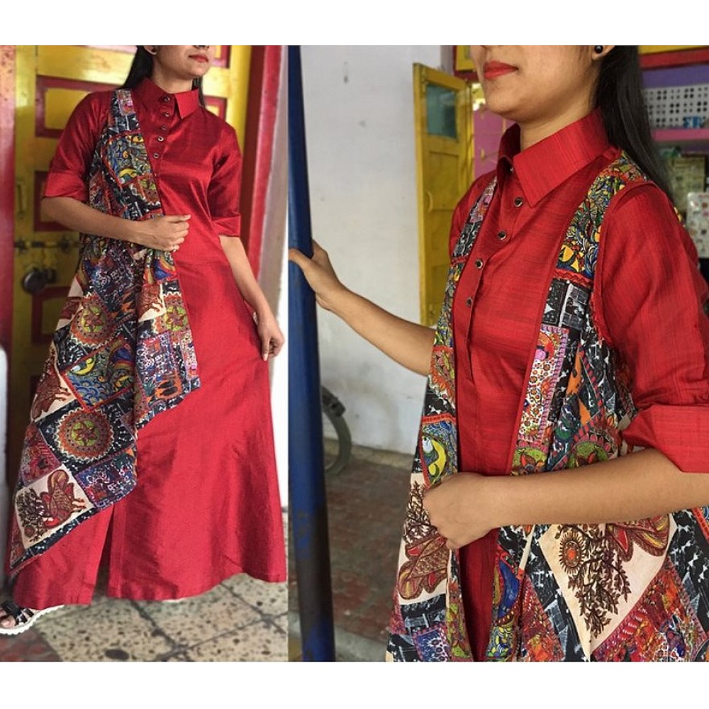 maroon slub silk long kurti with digital printed jacket
