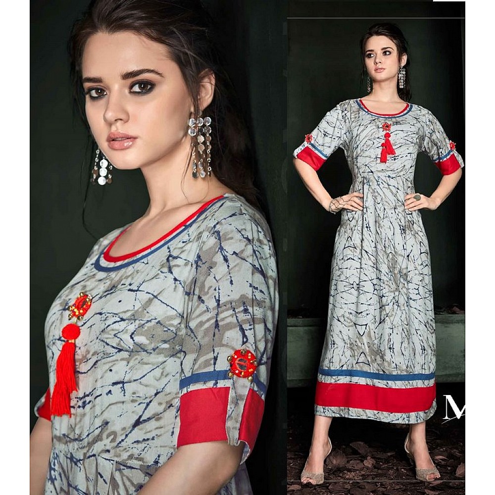 Multi Colored Rayon Abstract Printed with Tassels Work Half Sleeves Stitched Kurti
