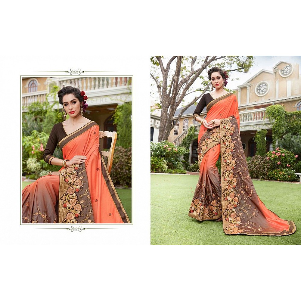 Orange & Brown Colored Art Silk Jari & Resham Embroidery With Stone Work Saree