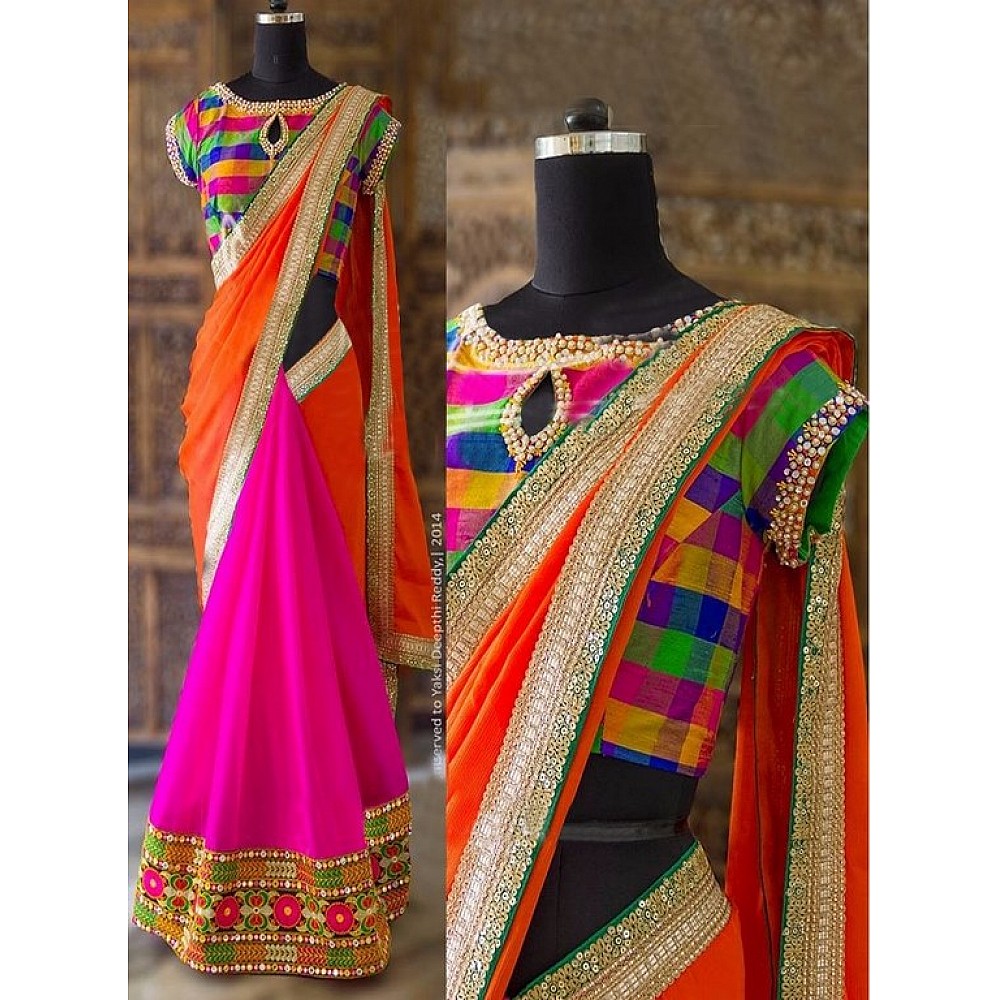 Orange and pink georgette fancy threadwork festival saree