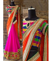Orange and pink georgette fancy threadwork festival saree