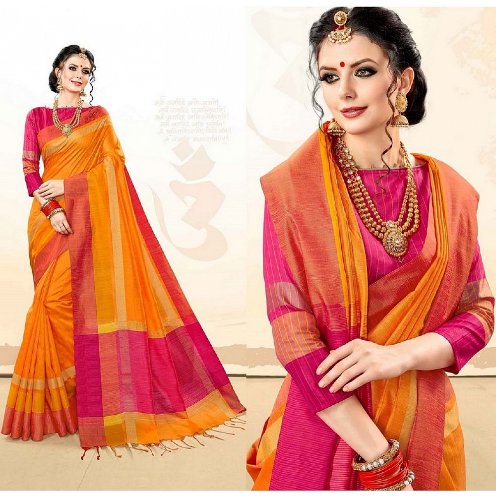 Orange Colored Khadi Cotton Silk Weaving Work Saree