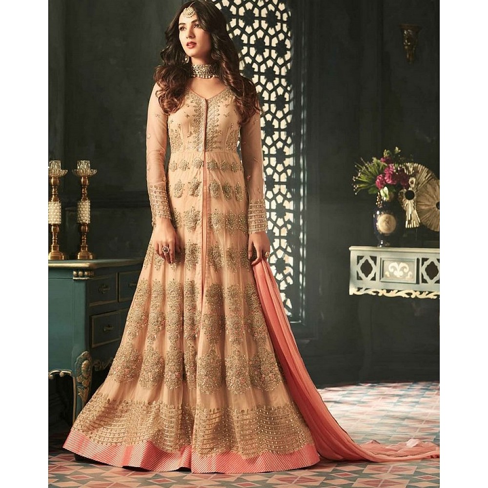 Orange Colored Net Heavy Embroidered Semi Stitched anarkali Suit