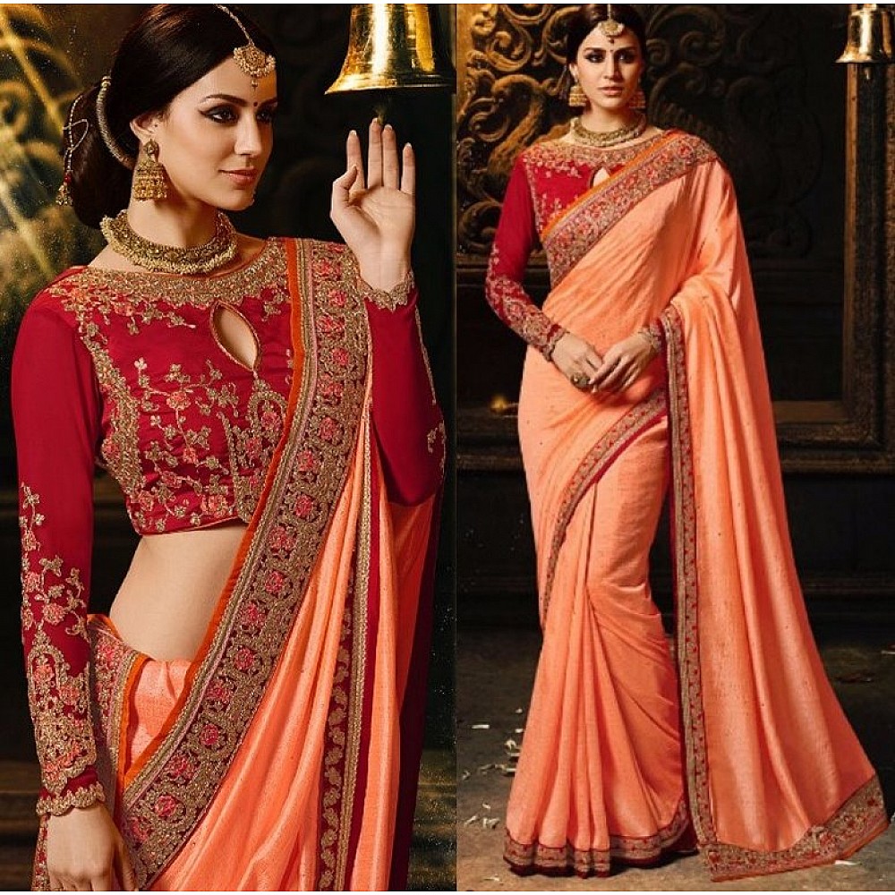 orange rangoli georgette silk embroidered saree