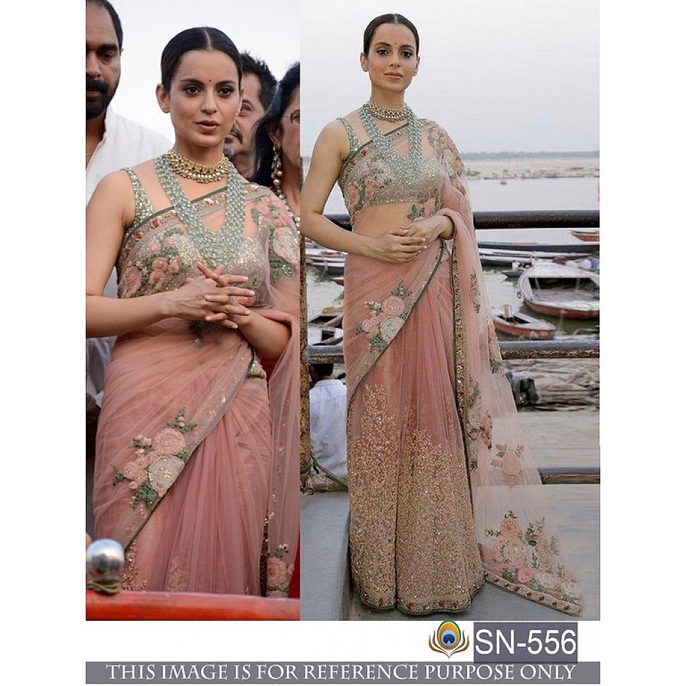 Peach mono net heavy embroidered wedding saree
