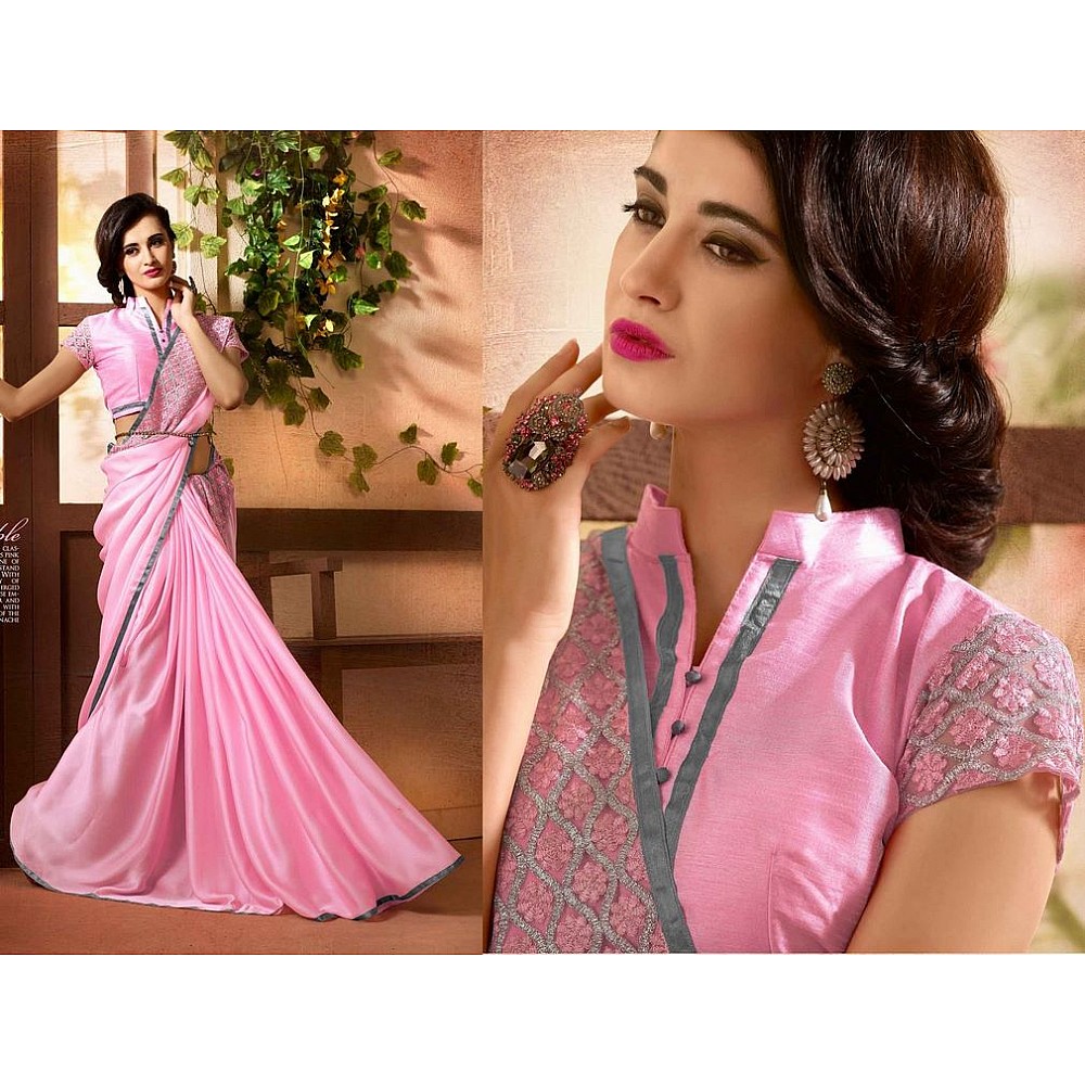 Pink Colored Chinon Embroidered & Lace Bordered Saree Bordered