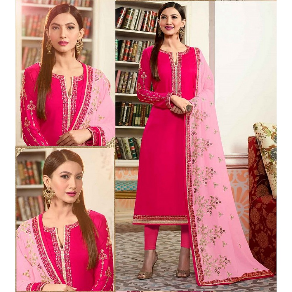 Pink Colored Georgette & Satin Digital Zari & Resham Embroidered Semi Stitched Salwar Suit