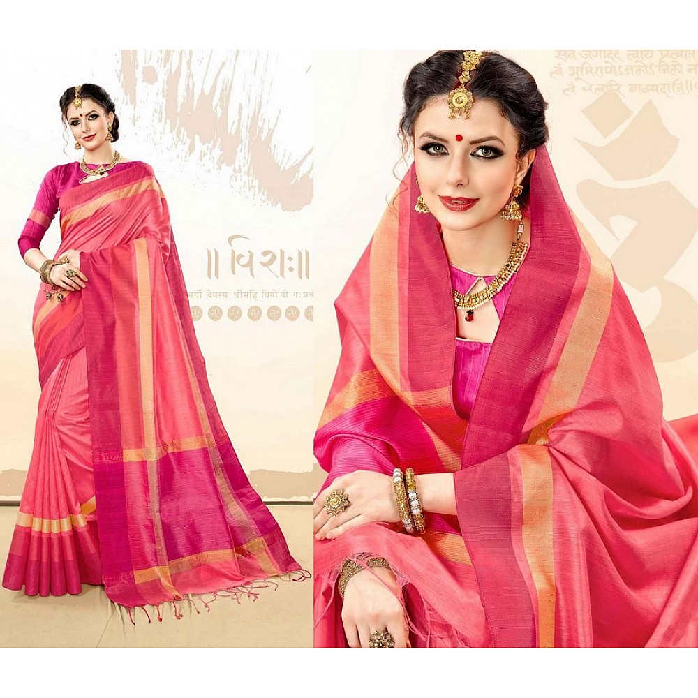 Pink Colored Khadi Cotton Silk Weaving Work Saree