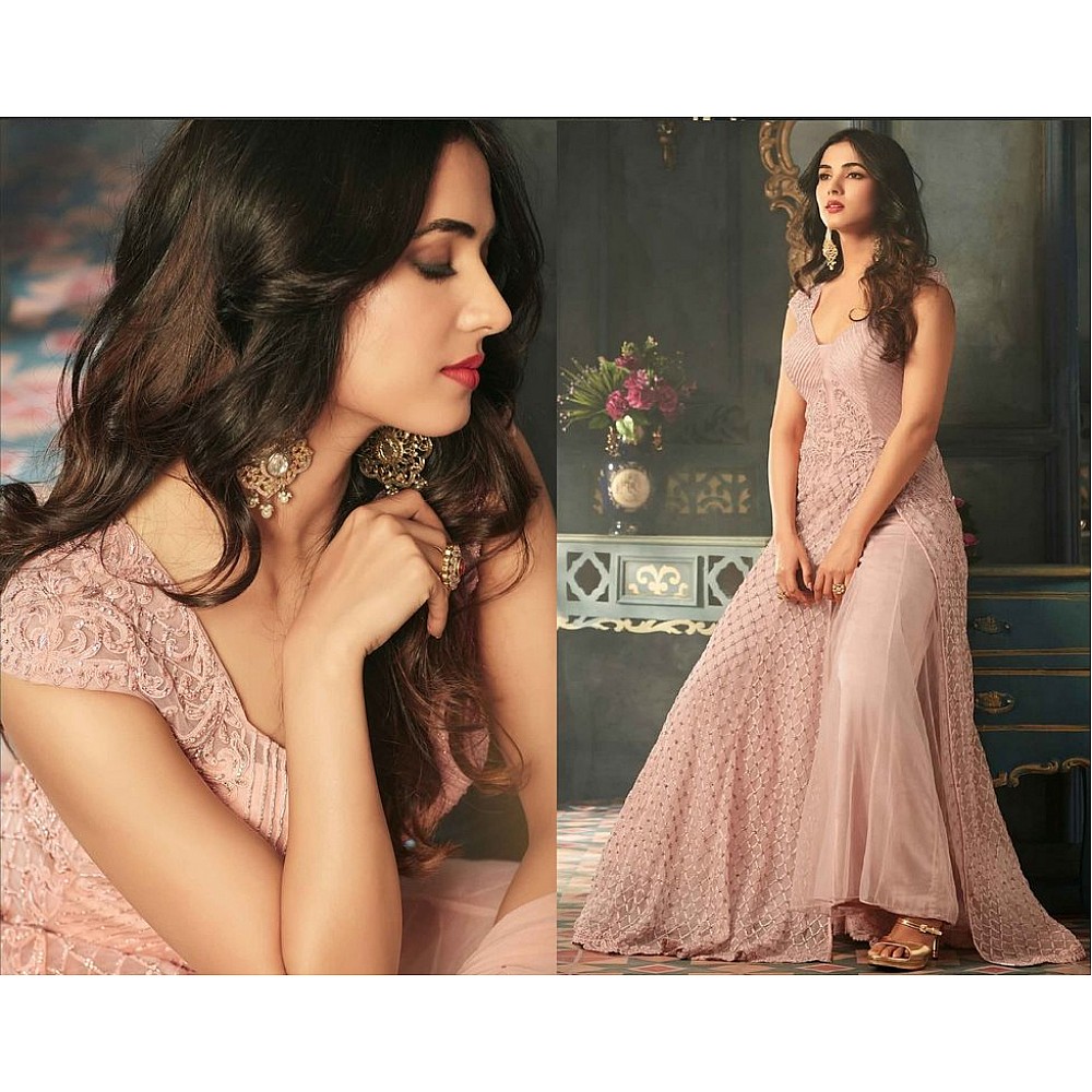 Pink Colored Net Heavy Embroidered Semi Stitched Gown Style anarkali Suit