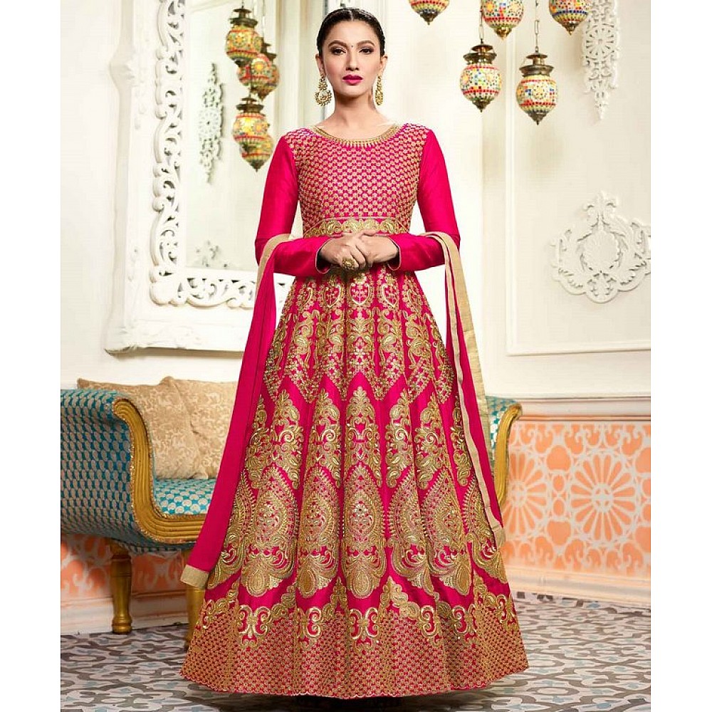 Pink Colored Two Tone Silk Digital Zari Embroidery and Moti Work Semi Stitched Gown