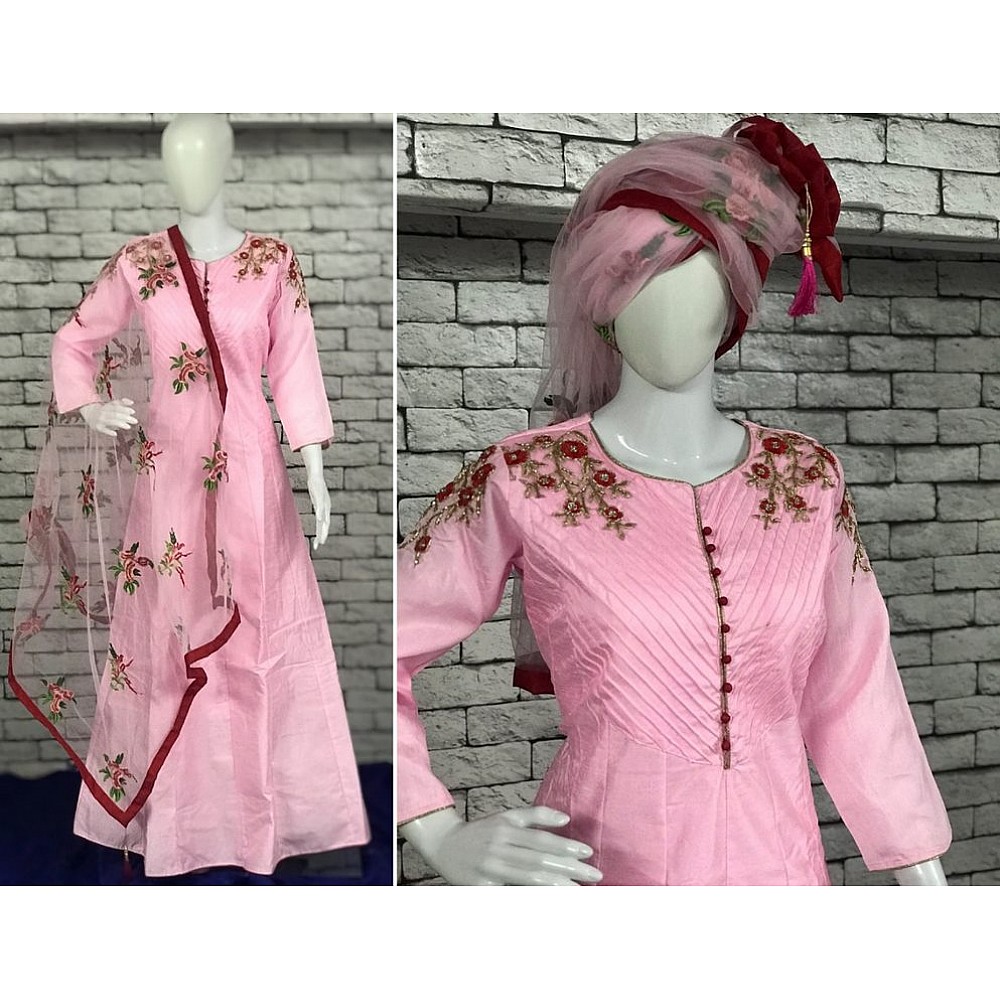 Pink thai silk beautiful handworked partywear long anarkali suit