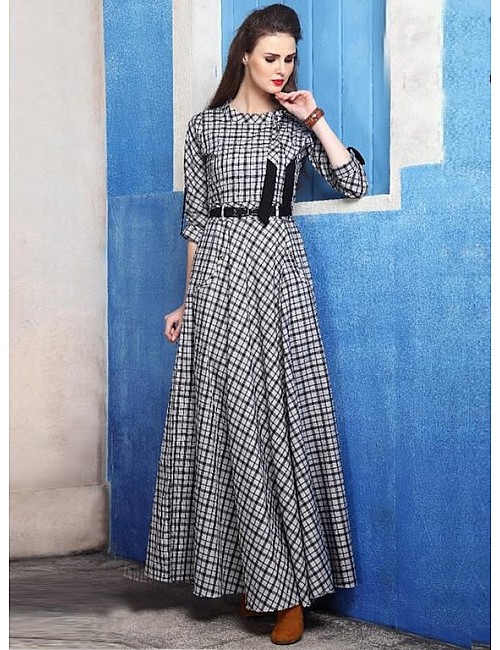 printed cotton silk long casual kurtie with belt