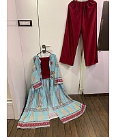 Stylist maroon plazzo salwar suit with printed shrug