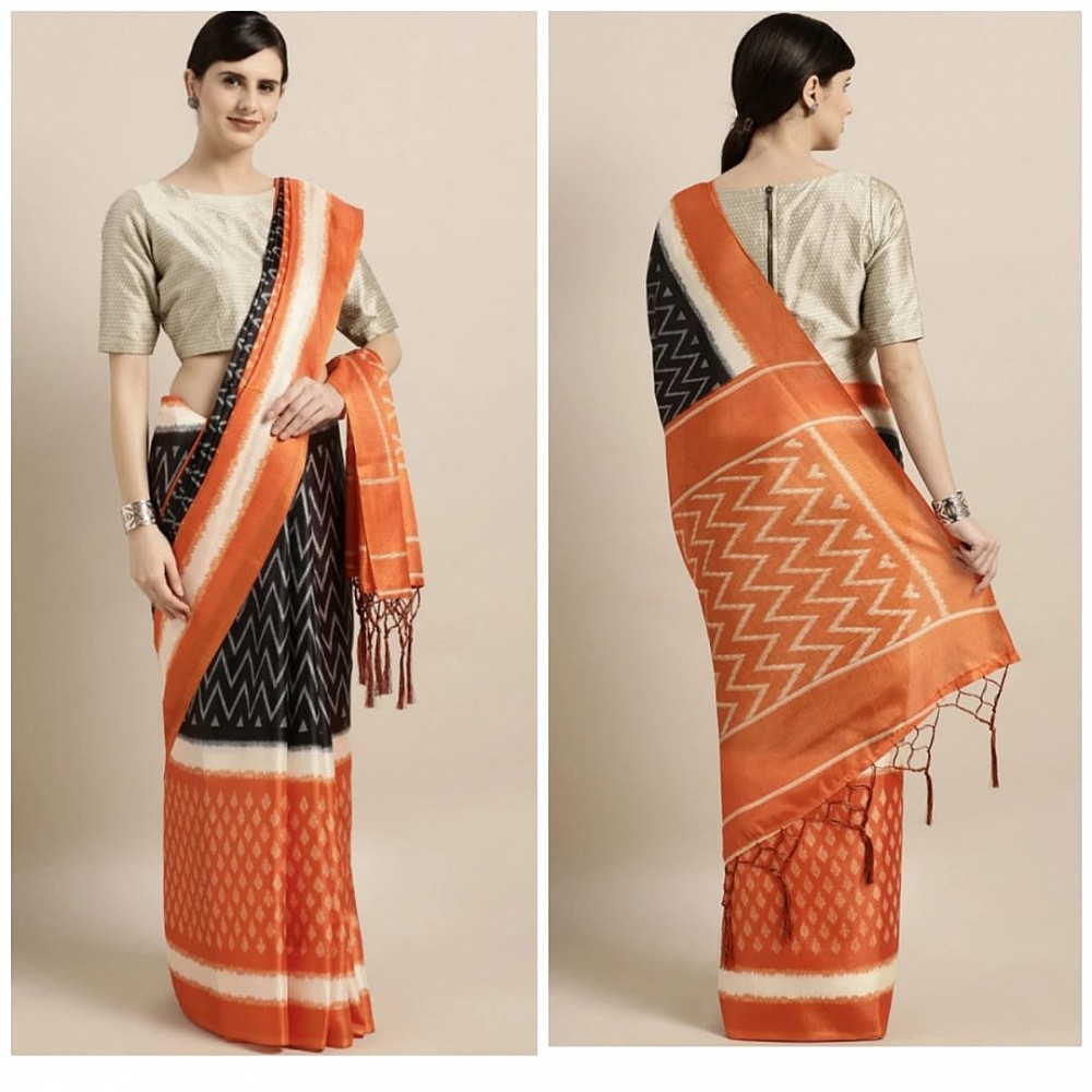 Black and orange printed khadi silk saree