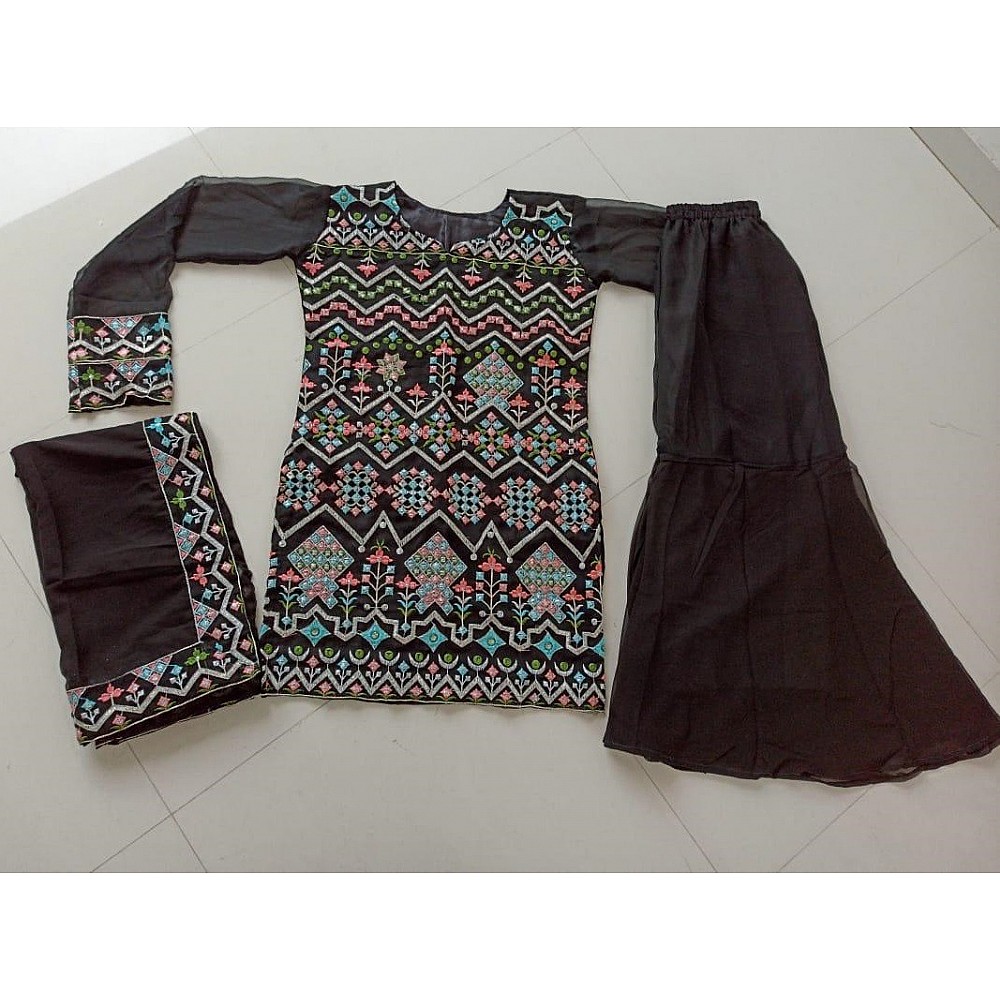 Black georgette multi threadwork plazzo suit