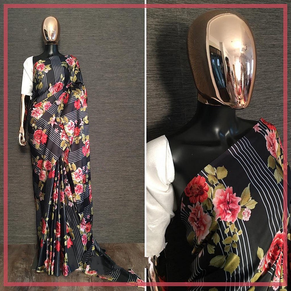 Black japan satin silk floral printed saree